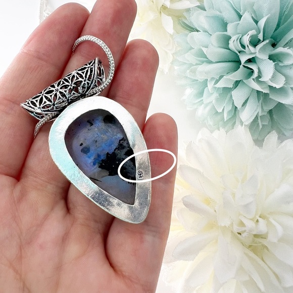 Blue Flash Tourmaline Moonstone Pendant Necklace Sterling Silver 925 Vintage New - Picture 6 of 7